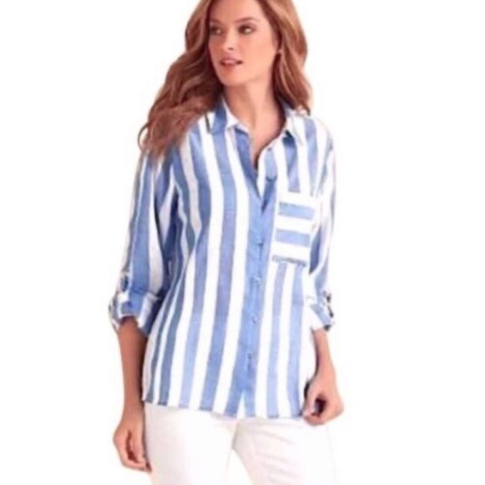 Soft Surroundings Nautical Blue Striped Button‎ Down Capri Blouse Top